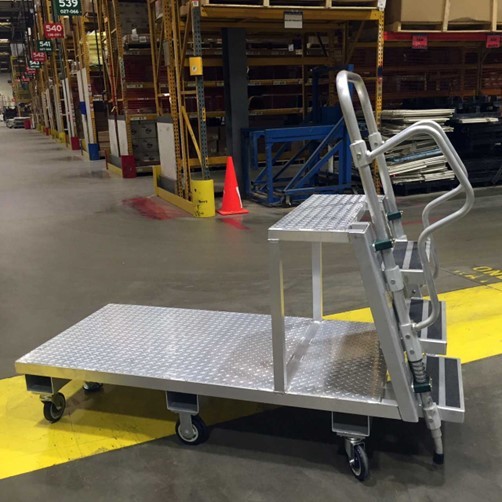 Special Case Pick, modified,  Platform Cart with ladder incorporated to increase reach of stock picker. 